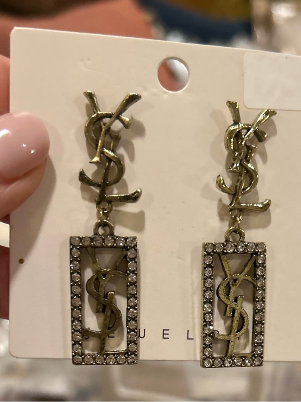 Fashion Jewelry Gold-tone Logo Drop Earrings with Clear Crystals - Picture 6 of 9